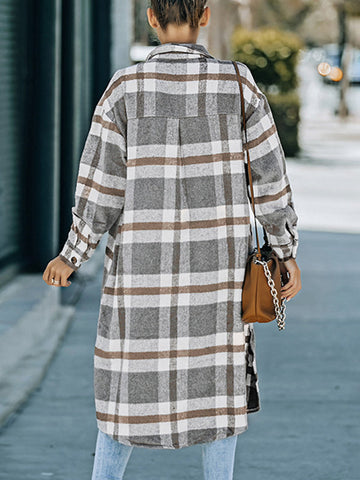 Woochic manteau longue coton carreaux boutonnage avec poches col revers femme casual blouse surchemise